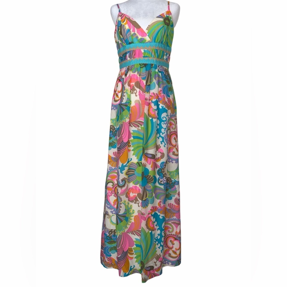 Trina Turk 100% Silk Colorful Maxi Dress Adjustable Spaghetti Straps Lined Flaw - Picture 3 of 17